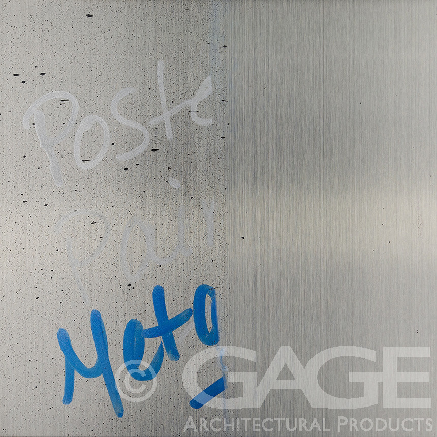 Metallic poster paint and metallic permanent marker easily removed from GM438 Long Grain Satin with FRC metallic marker on stainless steel